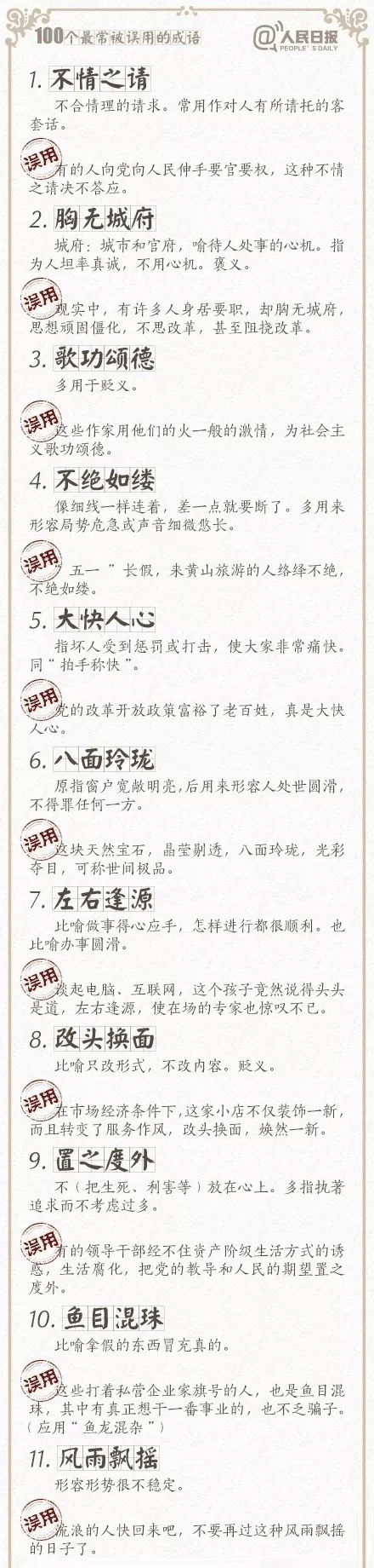 人民日?qǐng)?bào)總結(jié)了100個(gè)最常被誤用的成語(yǔ)，給孩子看看，別再用錯(cuò)了！